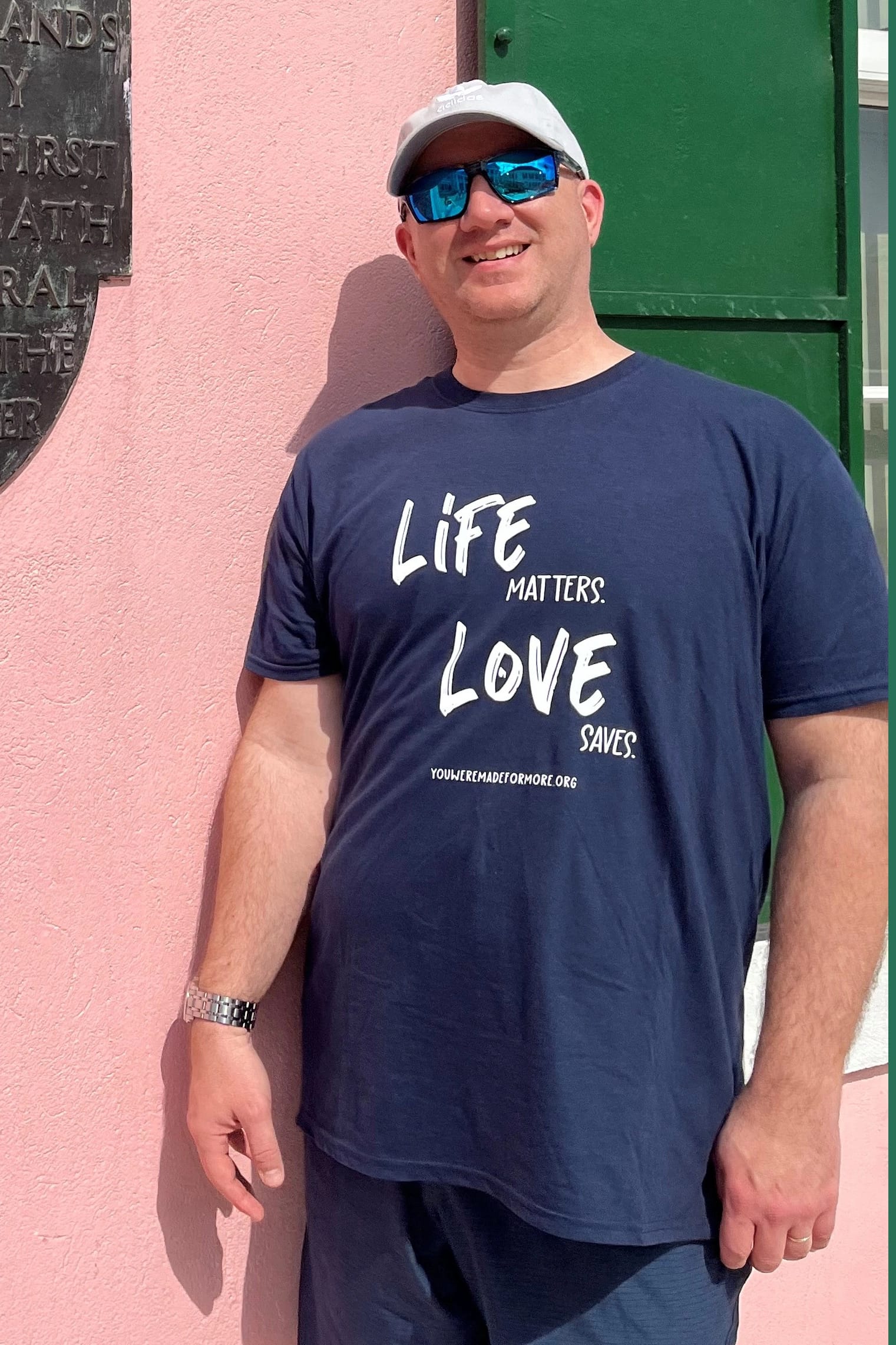 middle aged man wearing a Life-Affirming tshirt